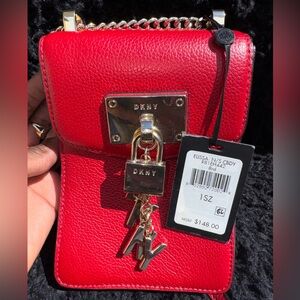 DKNY Red Leather Crossbody with Gold Lock Charm